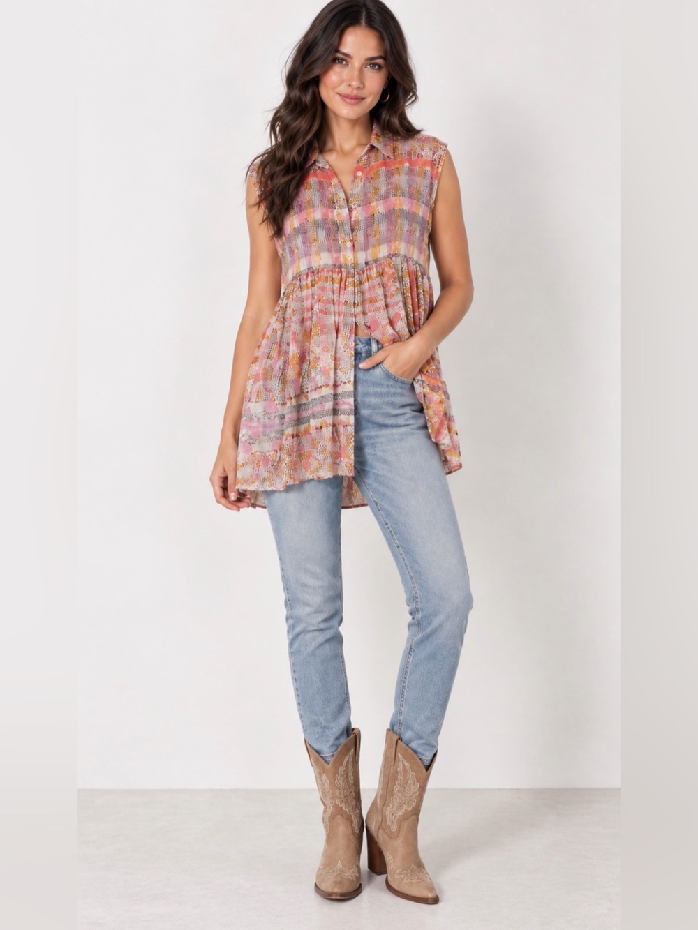 FREE PEOPLE Sleeveless Pink Distressed Printed Button-Front Peplum Top